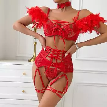 Красный кружевной эротический комплект нижнего белья, сексуальный комплект из пяти предметов с вышитыми перьями S