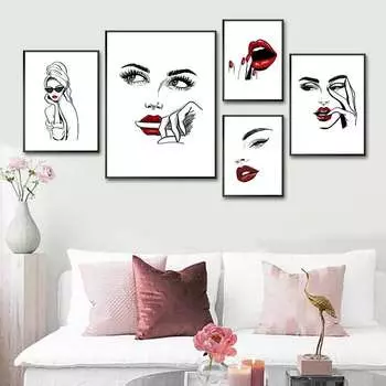 Красный Макияж Губ Красота Девушки Лицо Настенный Декор Художественный Плакат Современная Картина Модные Принты Холст Картины Для Девочки Спальня HD2965 21x30cm no frame