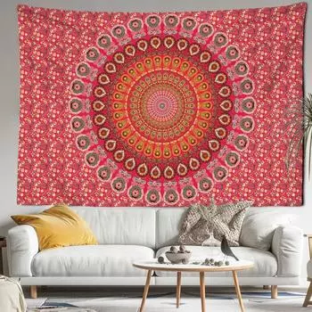 Красный мандала цветок гобелен настенный абстрактный психоделический колдовство богемный общежитие гостиная домашний декор 95x70CM