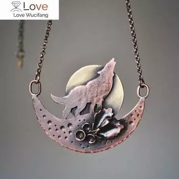 Красный медный цвет волк животное желтая луна форма кулон для мужчин и женщин винтажные аксессуары серьги ювелирные изделия подарок на день рождения вечеринка