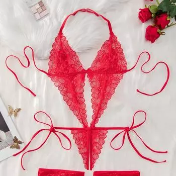 Красный натальный год сексуальный кружевной соблазн горячий выдолбленный трехточечный униформа женская пижама S