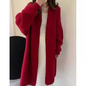 Красный норковый бархатный свитер средней и длинной длины, вязаный кардиган, женская весенне-осенняя шикарная красивая супер красивая куртка Xiaoxiangfeng S красный