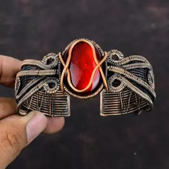 Красный огненный лабрадорит Браслет-манжета Браслет из медной проволоки Регулируемая манжета Драгоценный камень Медные украшения Браслет ручной работы для подарка Уникальный браслет