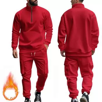 Красный плюс размер осень зима мужской новый стиль американский мужской повседневный плюшевый теплый молния мужской спортивный комплект штанов S белый