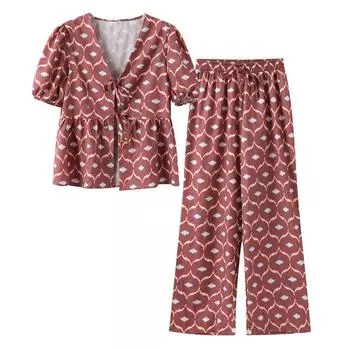 Красный принт рубашка брюки комплект женский повседневный комплект из двух частей шнуровка рукава-фонарика V-образный вырез топ + прямые брюки лето S красный