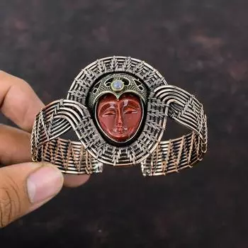 Красный резной браслет из кости, браслет-манжета с радужным лунным камнем, медная проволока, обернутый регулируемым браслетом ручной работы, ювелирное изделие из драгоценного камня, подарок для мамы