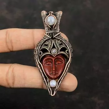 Красный резной костяной кулон с медным лицом, обернутый проволокой, кулон из меди ручной работы, подвески из радужного лунного камня, изящные драгоценные камни для подарка