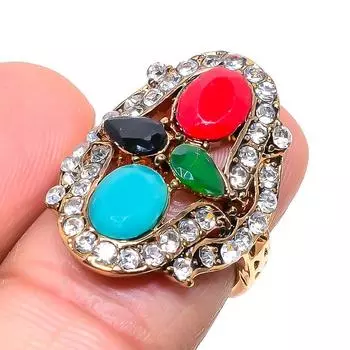 Кольцо ручной работы с натуральным драгоценным камнем ангелитом и красным рубином, размер 5,5 F0b73