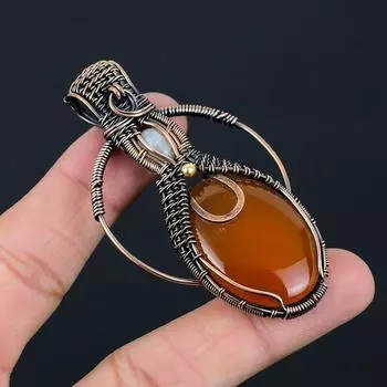 Красный сердолик и лунный камень, драгоценный камень, медная проволока ручной работы, подвеска для ювелирных изделий для любви 2.95 Inches красный