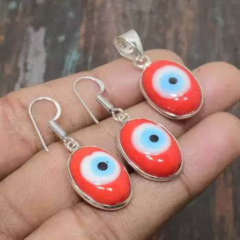 Красный сглаз, драгоценный камень, подвеска из стерлингового серебра 925 пробы ручной работы + серьги, комплект ювелирных изделий красный