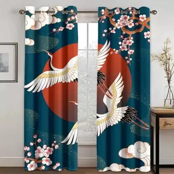 Красный Синий Японский Стиль Журавль Волна Гора Солнце Печать Высокая Занавеска Спальня Гостиная Отель Окно Шторы 2 Панели Новый W55 X H120cm X 2&HOOK