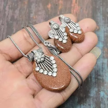 Красный солнечный камень, драгоценный камень, ожерелье из стерлингового серебра 925 пробы ручной работы + комплект ювелирных изделий из сережек коричневый