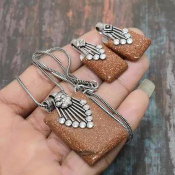 Красный солнечный камень, драгоценный камень, ожерелье из стерлингового серебра 925 пробы ручной работы + серьги, комплект ювелирных изделий для нее коричневый