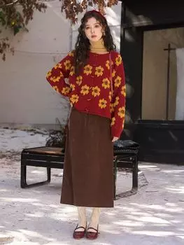 Красный свитер Mishow для женщин, новинка 2024 года, пуловер с длинными рукавами в стиле ретро, жаккардовый дизайн, универсальная элегантная одежда, топы, вязаный кардиган MXC56Z0437