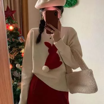 Красный свитер с кроликом, женский пуловер, зима 2023, горячая весна, одежда с кроликом, новый свитер с круглым вырезом и длинными рукавами, пуловер, женский топ One Size зелёный