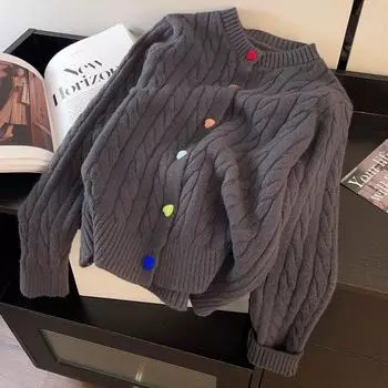 Красный свитер с пуговицами, кардиган, куртка, женская осенне-зимняя одежда, французский ретро-новый год, Новый год Хонмэй, короткая вязка с пуговицами Love One size серый