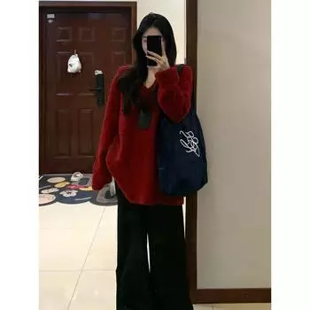 Красный свитер с шарфом и V-образным вырезом Lazy Wind для женщин 2024 года, свободный универсальный вязаный свитер премиум-класса на осень и зиму one size fits all красный