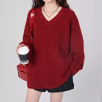 Красный свитер с V-образным вырезом, весна и осень, новый ленивый и свободный свитер, женский трикотажный жакет, топ one size красный
