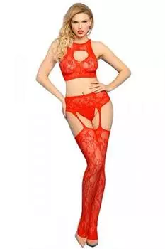 Красный топ с открытым бюстгальтером и колготки с подвязками TU прозрачный