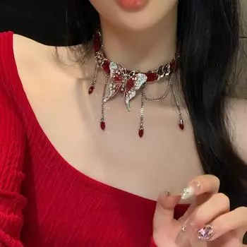 Красный воротник-бабочка Нишевая личность преувеличенное ожерелье с кисточками Женское ожерелье-чокер Ювелирные изделия Цепочка на ключицу Цепочка на шею