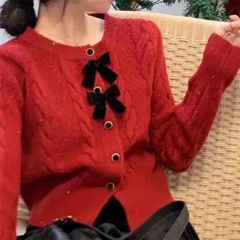Красный вязаный кардиган женский весенний новый Xiaoxiangfeng бант яркий шелковый с переплетением свитер куртка One Size красный