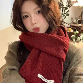 Красный вязаный шерстяной шарф женский зимний простой роскошный однотонный теплый шейный платок серый