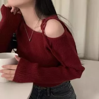 Красный вязаный свитер на одно плечо со шнуровкой для женщин в японском стиле, короткие топы, женские шикарные пуловеры длиной до плеч с длинными рукавами One Size красный