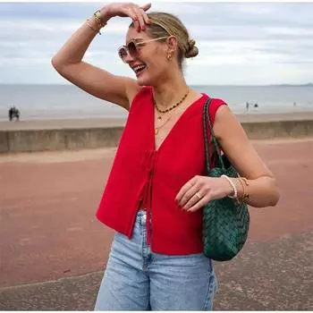 Вязаный жилет на шнуровке для женщин, свободный короткий топ с V-образным вырезом и вырезом, повседневный кардиган без рукавов S белый