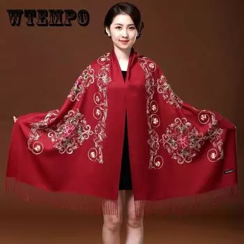 Красный вышитый шарф, женский этнический стиль, толстая двусторонняя теплая шаль двойного назначения, осенне-зимняя дикая длинная часть