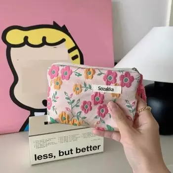 Красный, зеленый, милый женский кошелек с цветочным принтом, мини-клатч, кошелек для монет, хлопковая свежая милая сумка для карточек, сумка для гигиенических салфеток, сумка для наушников Orange pink flower