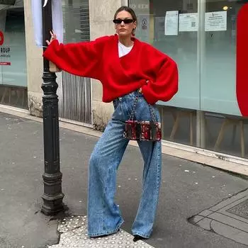 Красный женский свободный шерстяной свитер с V-образным вырезом, куртка с длинным рукавом, вязаный пуловер, новый осенний женский повседневный офисный трикотаж, топы S красный