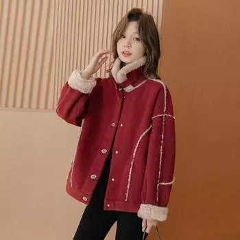 Красный зодиакальный год пальто из овечьей шерсти женское осенне-зимнее новое свободное ретро утягивающее утолщенное сращивание топ S