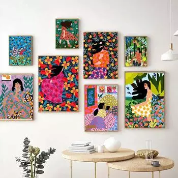 Красочная абстрактная модная девушка с цветком, настенная живопись маслом, скандинавский плакат и печатная модная стена 21cm30cm NoFrame