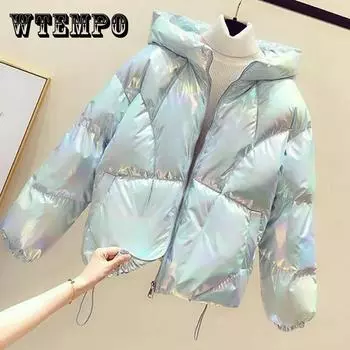 Красочная блестящая универсальная короткая пуховая куртка без лица, зимняя модная куртка с капюшоном для хлеба XL