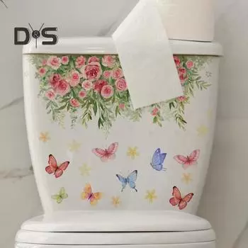 Красочная цветочная наклейка на унитаз с бабочкой, съемная самоклеящаяся водонепроницаемая ПВХ для гостиной, ванной комнаты, стены искусства, цветочная наклейка для украшения крышки унитаза Little Flower