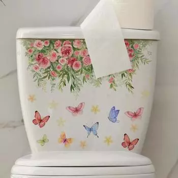 Красочная цветочная наклейка на унитаз с бабочкой, съемная самоклеящаяся водонепроницаемая ПВХ для гостиной, ванной комнаты, стены искусства, цветочная наклейка для украшения крышки унитаза Little Flower