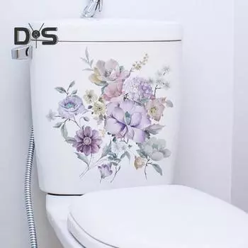 Красочная цветочная наклейка на унитаз, съемная самоклеящаяся водостойкая ПВХ гостиная, настенная наклейка для ванной комнаты, украшение для крышки унитаза фиолетовый