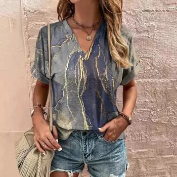 Красочная футболка для женщин, полосатые футболки с короткими рукавами и принтом, модная блузка с v-образным вырезом, летние повседневные топы, большие размеры, повседневная уличная одежда 3XL