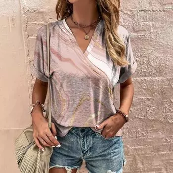 Красочная футболка для женщин, полосатые футболки с короткими рукавами и принтом, модная блузка с v-образным вырезом, летние повседневные топы, большие размеры, повседневная уличная одежда S