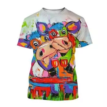 Красочная футболка с 3d принтом коровы, модная футболка с круглым вырезом и короткими рукавами, повседневные топы с художественной росписью животных, футболки с короткими рукавами, детская одежда