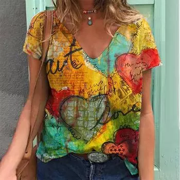 Красочная футболка с 3D принтом сердца, женские футболки в стиле ретро с короткими рукавами и v-образным вырезом, топ Y2k, уличная одежда в стиле Харадзюку, футболка большого размера, одежда для девочек S