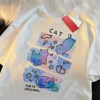 Красочная футболка с милым принтом Dream Cat для мужчин и женщин, летняя модная тенденция, повседневный удобный топ из чистого хлопка для пары, топ с короткими рукавами, Harajuku S белый
