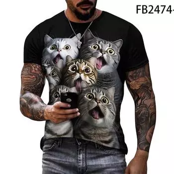 Красочная графическая футболка с забавным котом для мужчин, футболка с круглым вырезом и коротким рукавом, 3D принт, летняя мужская футболка Homme, милые футболки, топы, одежда XS белый
