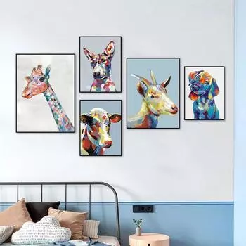 Красочная картина маслом жирафа, быка, собаки, печать на холсте, абстрактные постеры с животными, настенные художественные картинки для гостиной, украшения дома, без рамки 21*30cm