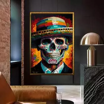 Красочная картина на холсте с черепом, абстрактные постеры и принты, забавные настенные картины для спальни, гостиной, украшения дома 21x30 cm No Frame
