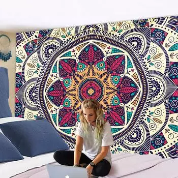 Красочная Мандала, большой гобелен, настенный декор в стиле бохо, триповый полиэстер, хиппи, солнце, луна, фермерский дом, ковры, декор для общежития, чакра 95x70CM