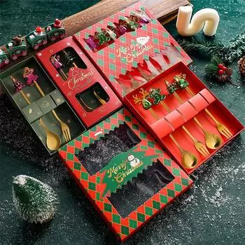 Красочная мультяшная рождественская ложка, металлическая красочная десертная ложка, фруктовая вилка, столовые приборы, Санта-Клаус, рождественская елка, набор столовых приборов 2D серебряный