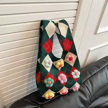 Красочная персонализированная жилетка в студенческом стиле для девочек, вязаная сумка с цветочной ромбовидной сеткой, модная сумка через плечо с жемчугом