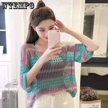 Красочная полосатая ажурная блузка, женский тонкий свободный вязаный топ, весна-лето, трикотаж, корейская версия, пуловер, джемпер M зелёный