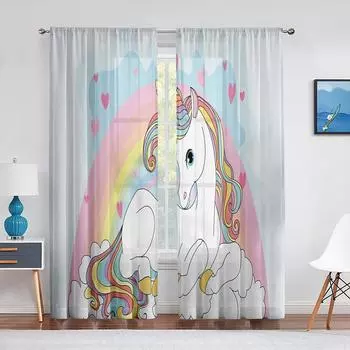 Красочная Радужная прозрачная занавеска с единорогом для декора гостиной, современная тюлевая оконная занавеска для девочек, вуаль для спальни, шторы 1 PCS W100XH250cm&Rod Pocket